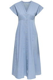 thumbnail: Light blue denim dames ONLY korte jurk van katoen met effen, korte mouwen, V-hals, knoopsluiting en geweven detail