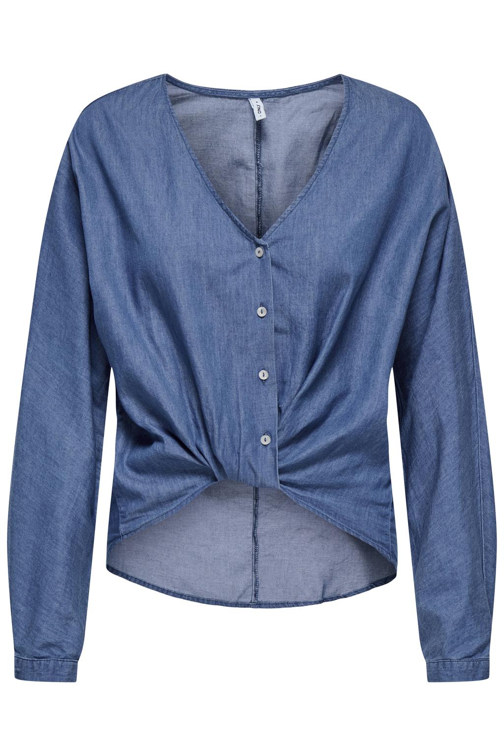 Medium blue denim dames ONLY blouse van katoen met lange mouwen, V-hals, knoopsluiting en geweven detail