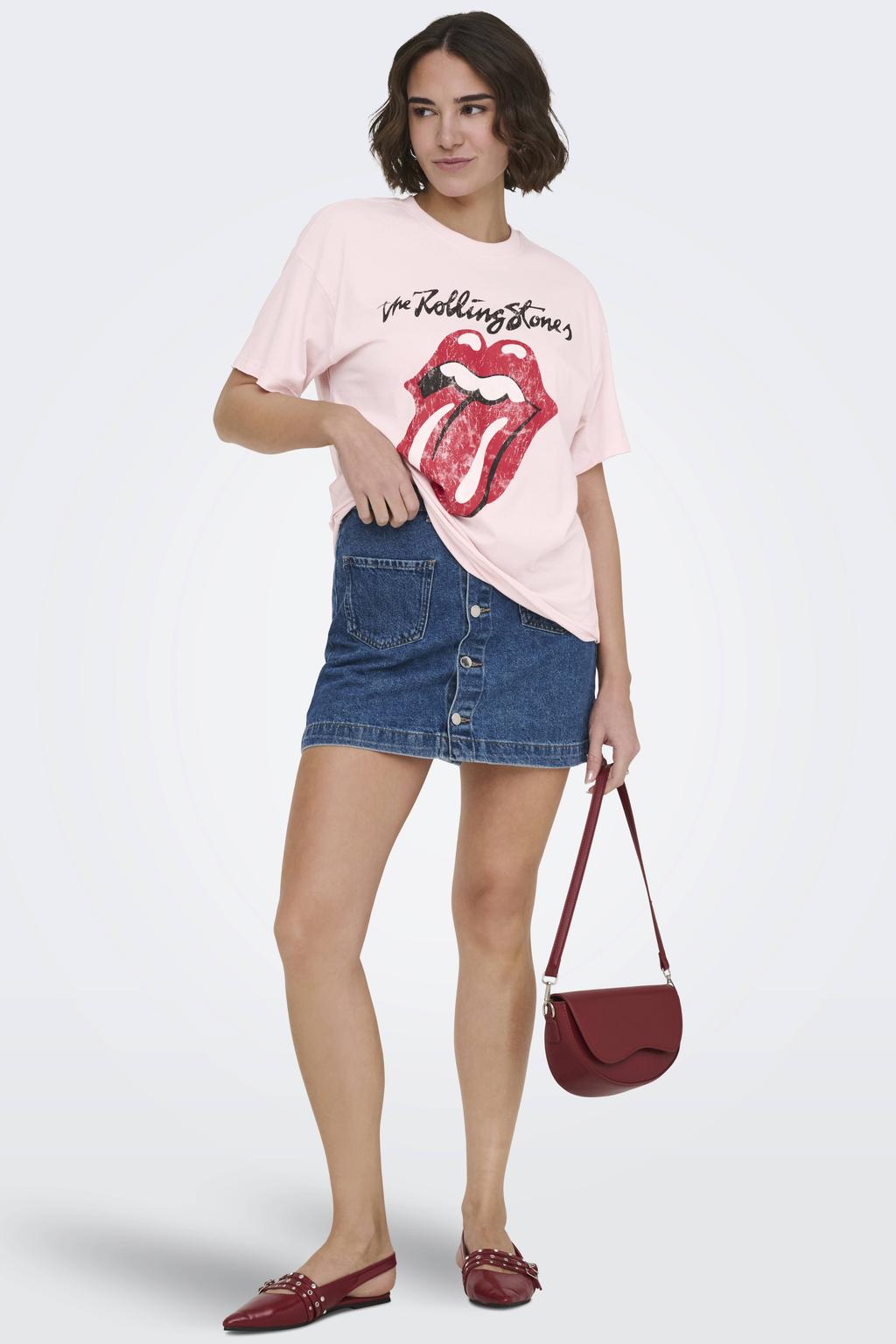 Lichtroze en rode dames ONLY T-shirt van katoen met printopdruk, korte mouwen en ronde hals