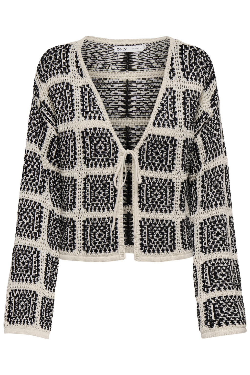 Beige en zwarte dames ONLY vest gebreid van acryl met lange mouwen, V-hals en trekkoorden