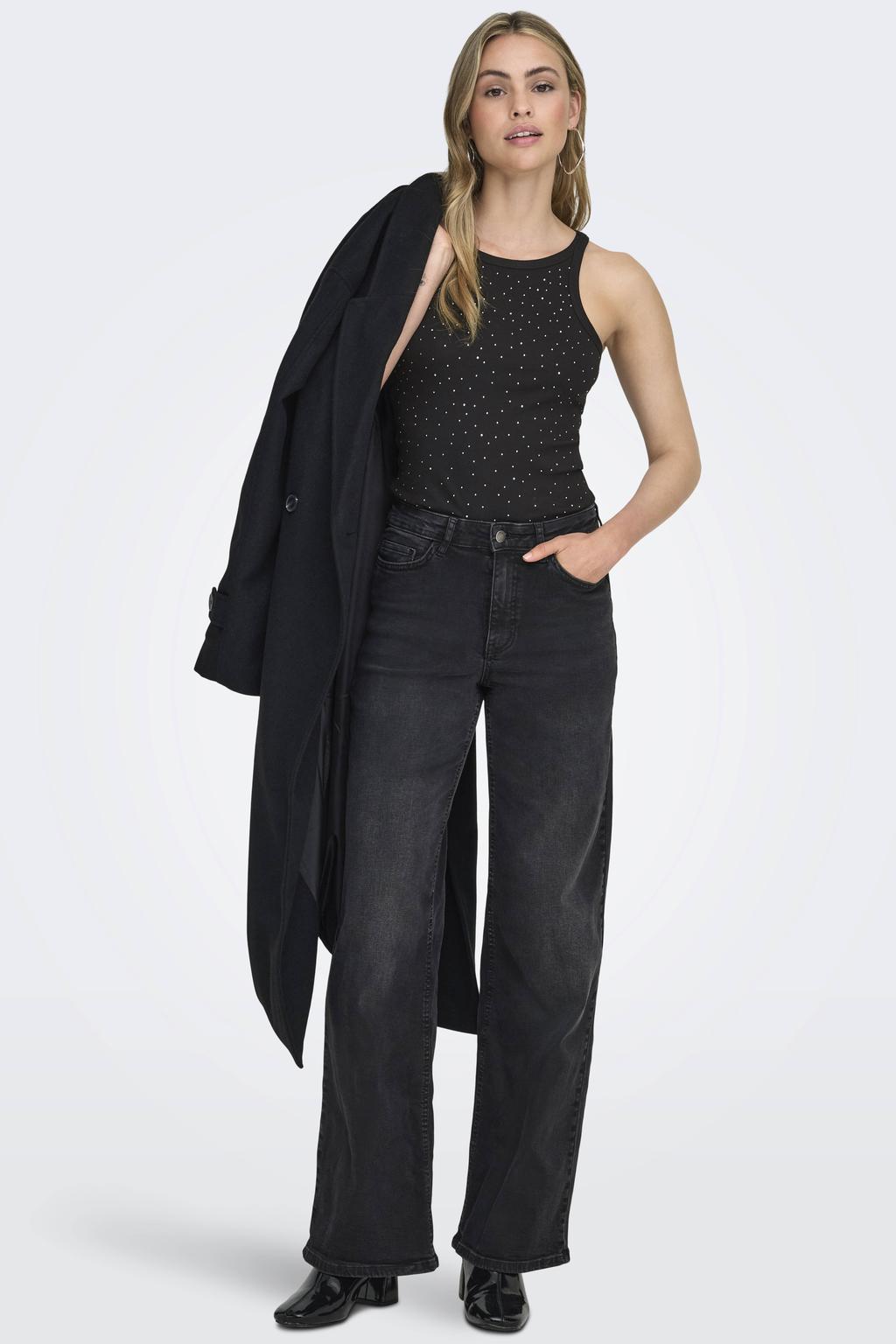 Zwarte dames ONLY top rib gebreid met effen, ronde hals en glitters