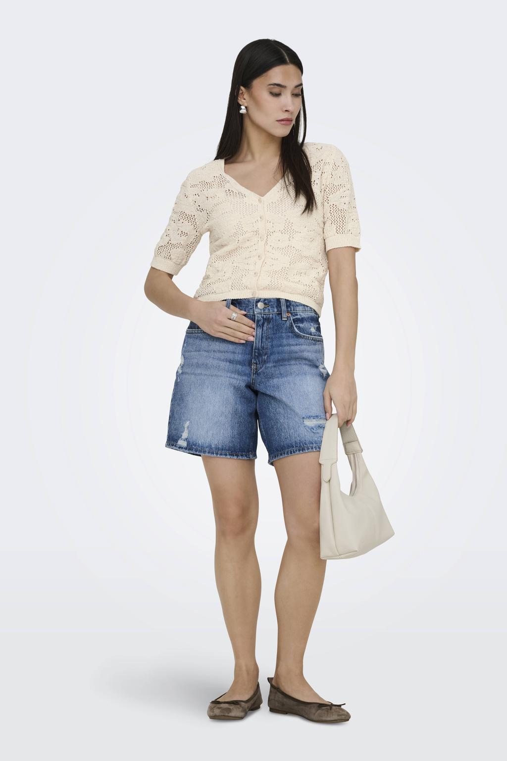 Crème dames ONLY top crème gebreid van polyester met effen, korte mouwen en V-hals