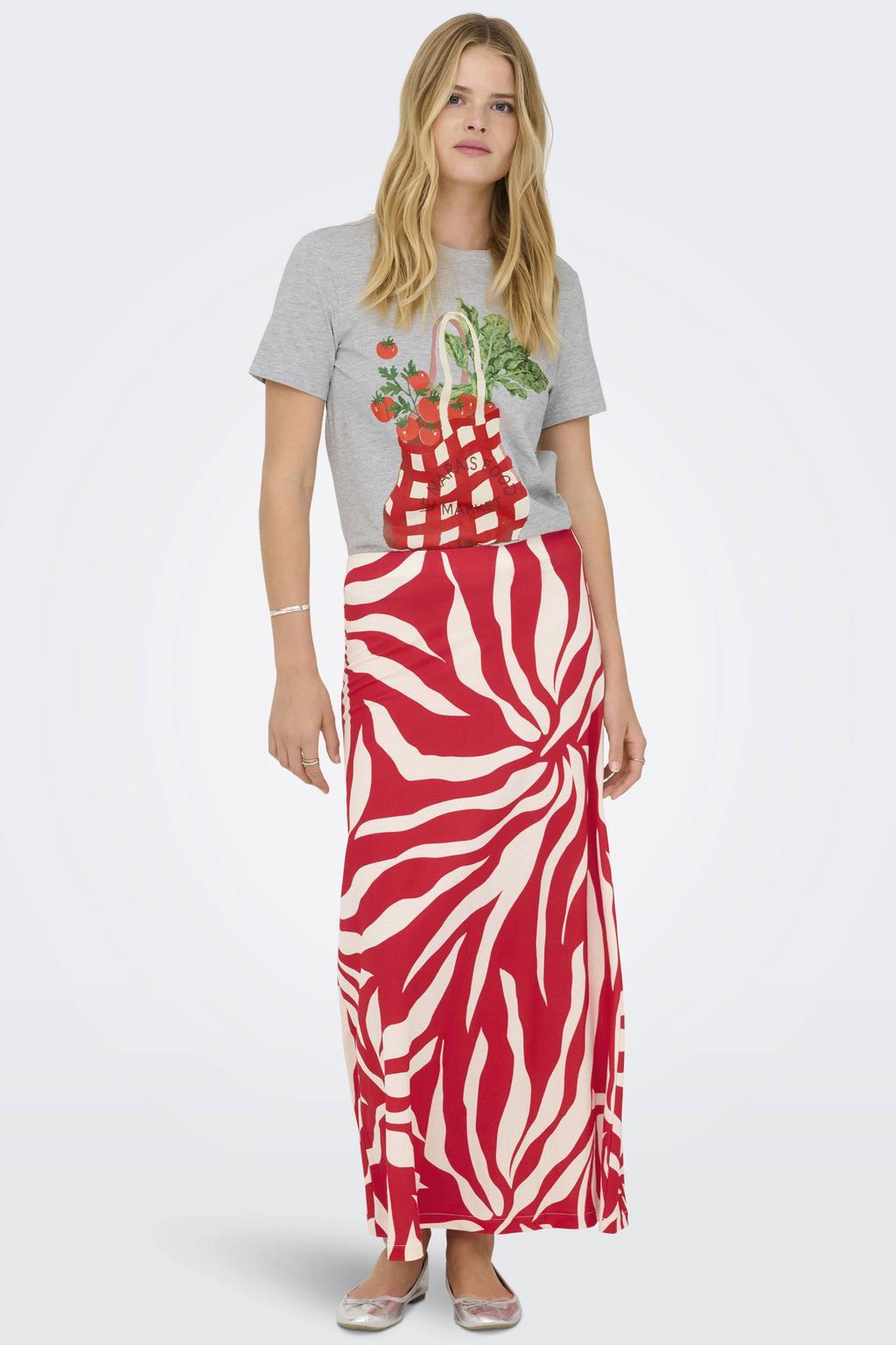 Grijs, rood en groene dames ONLY T-shirt van katoen met printopdruk, korte mouwen en ronde hals
