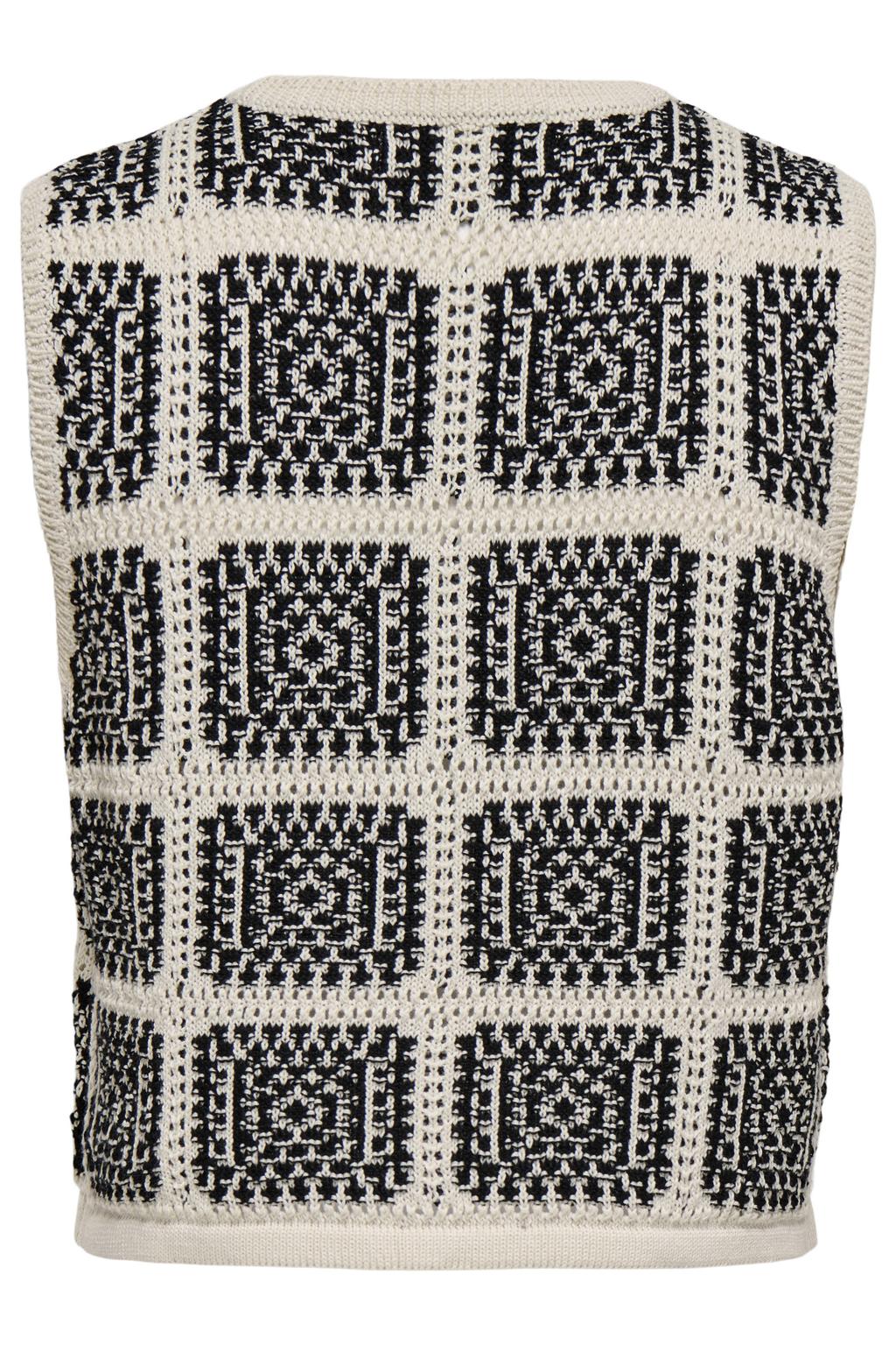 Beige en zwarte dames ONLY top gebreid van acryl met V-hals, trekkoorden en crochet