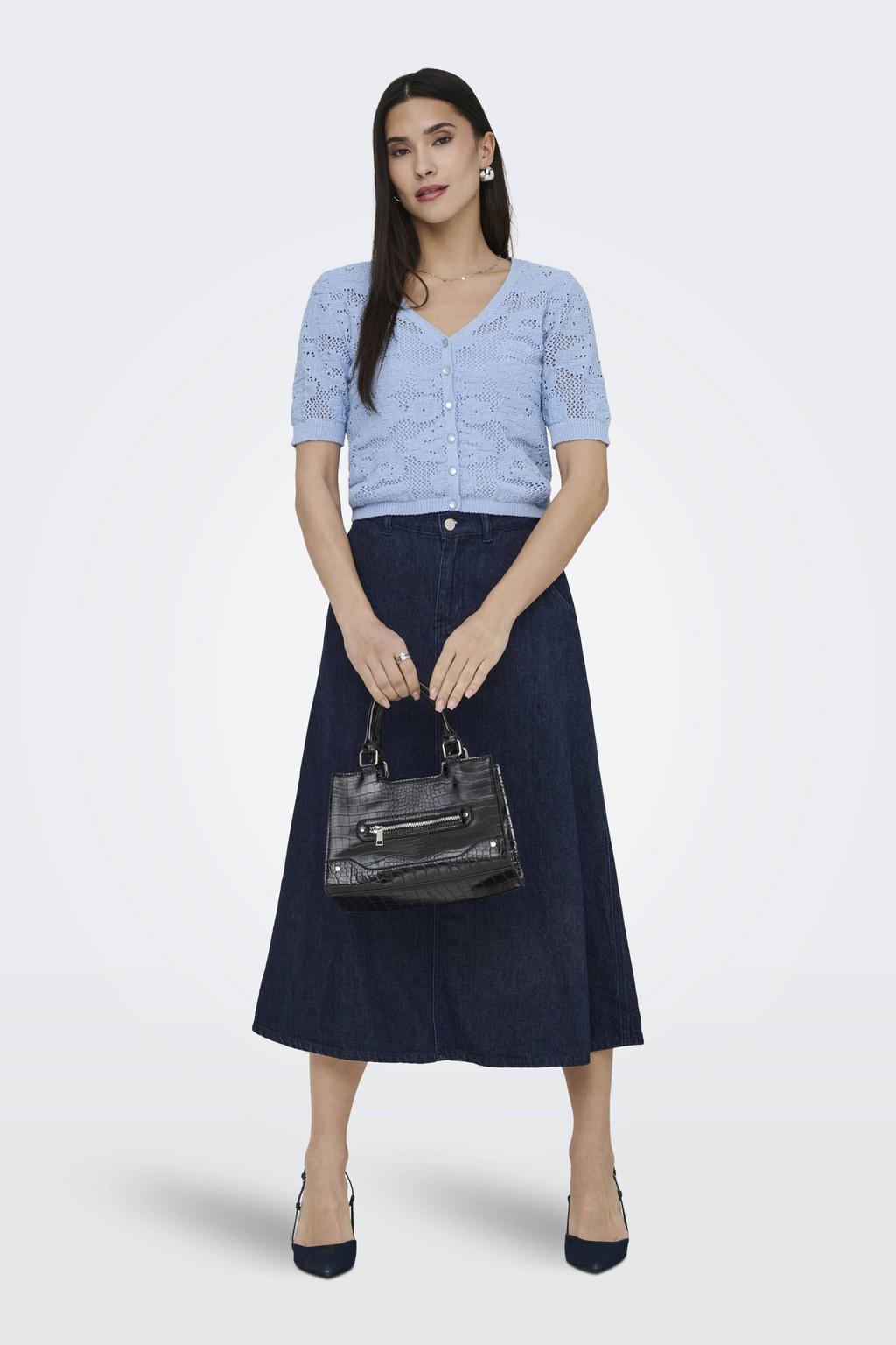 Blauwe dames ONLY top gebreid van polyester met effen, korte mouwen en V-hals