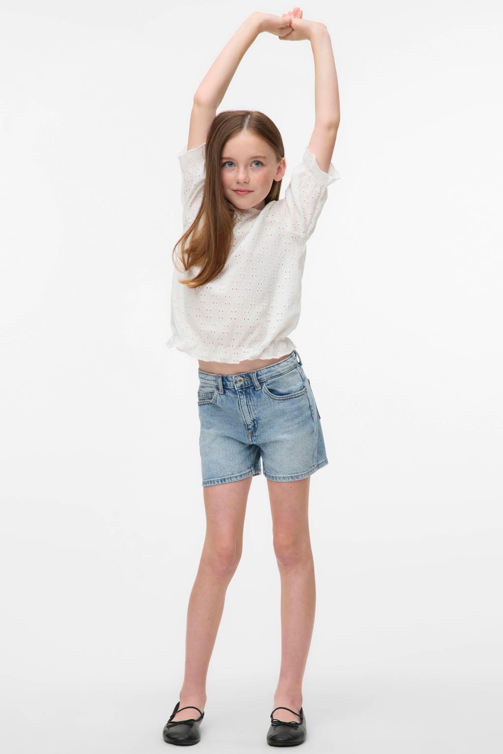 Light blue denim meisjes VERO MODA GIRL loose short van denim met rits- en knoopsluiting en effen