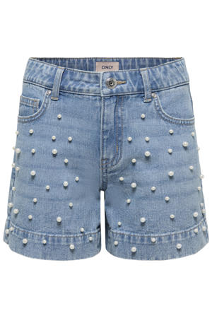 regular short met parels light blue denim