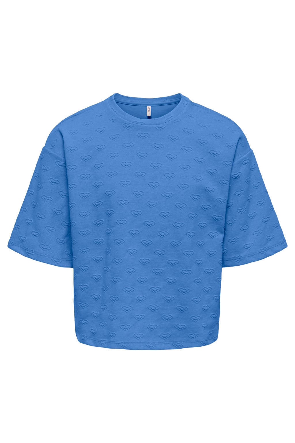 Blauwe meisjes KIDS ONLY GIRL sweater met hartjesprint, half lange mouwen, ronde hals en textuur