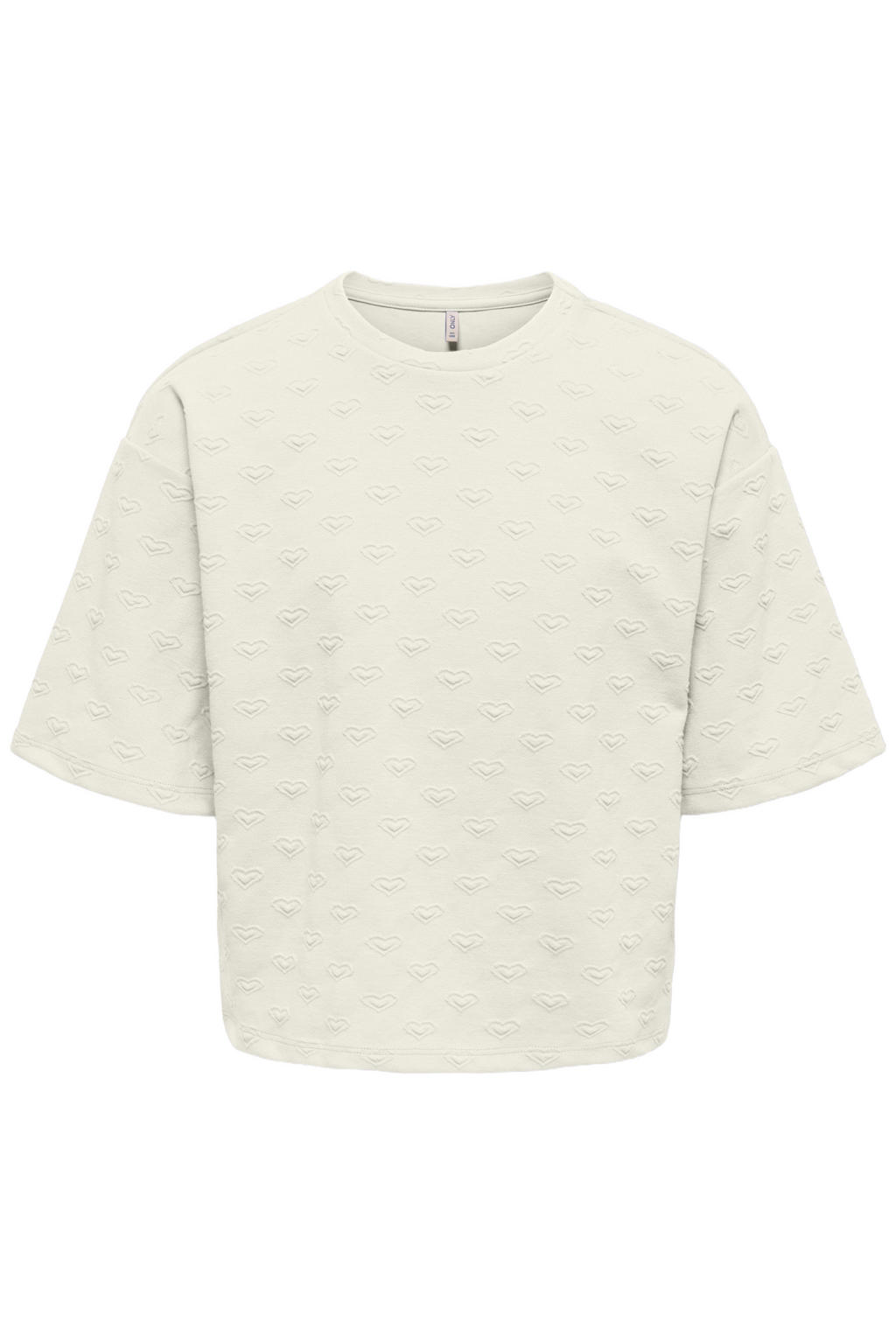 Ecru meisjes KIDS ONLY GIRL sweater met hartjesprint, half lange mouwen, ronde hals en textuur