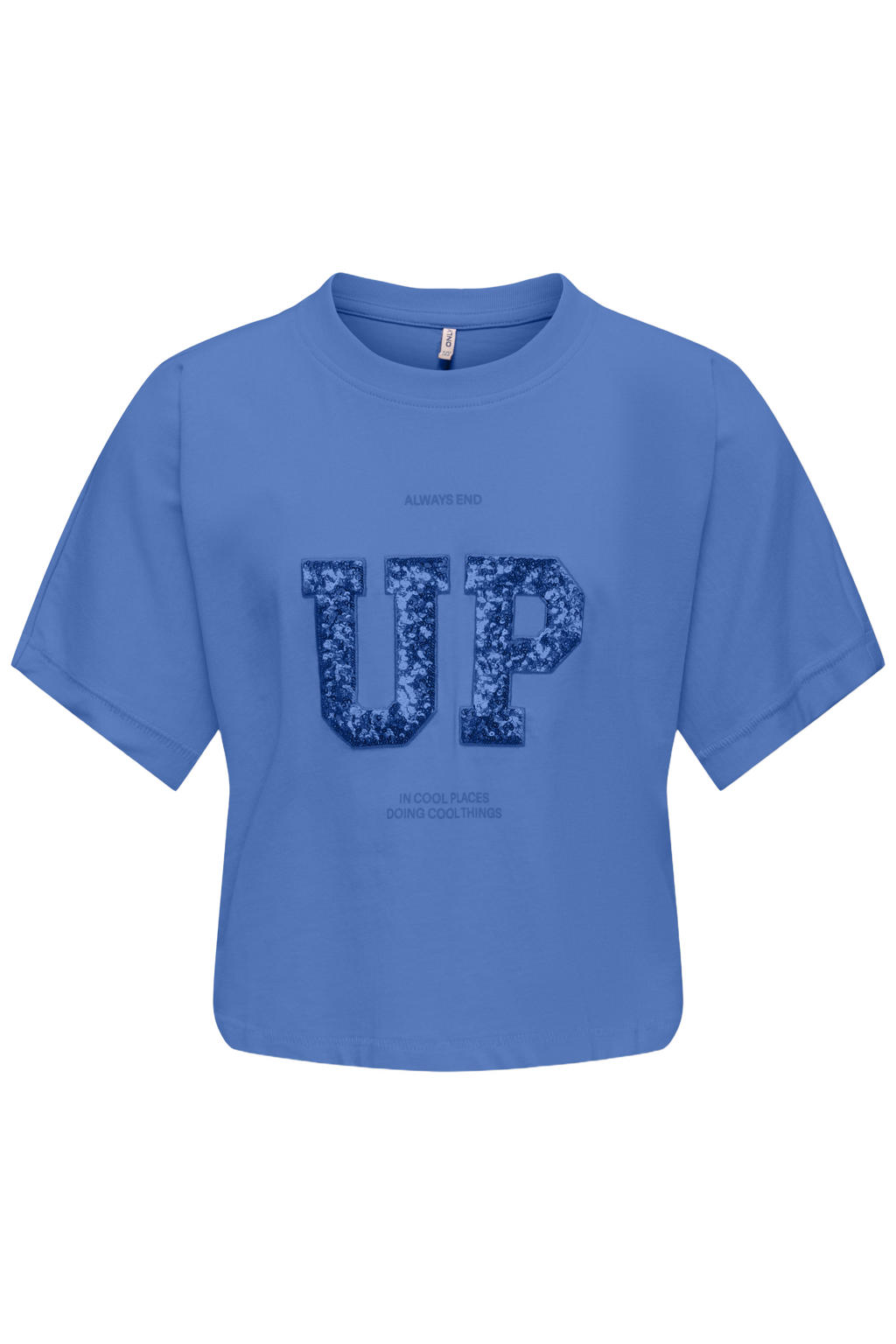 Marineblauw meisjes KIDS ONLY GIRL T-shirt blauw van katoen met printopdruk, korte mouwen, ronde hals en glitters