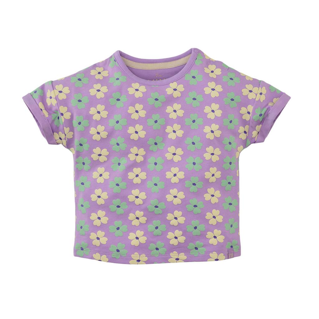 Lila en lichtgroene meisjes Z8 mini T-shirt Jara crème van stretchkatoen met bloemenprint, korte mouwen, ronde hals, drukknoopsluiting en omslagdetail