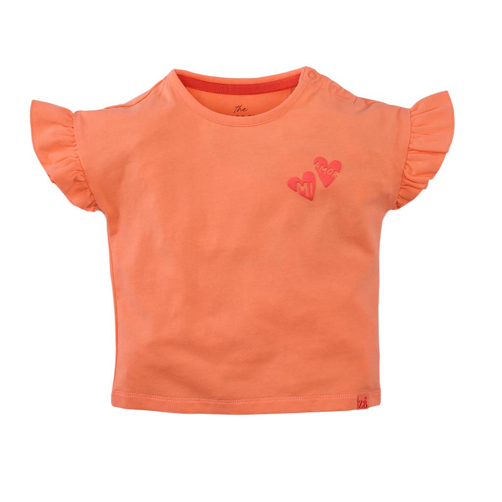 Oranje meisjes Z8 mini T-shirt Joy van stretchkatoen met hartjesprint, korte mouwen, ronde hals, drukknoopsluiting en ruches