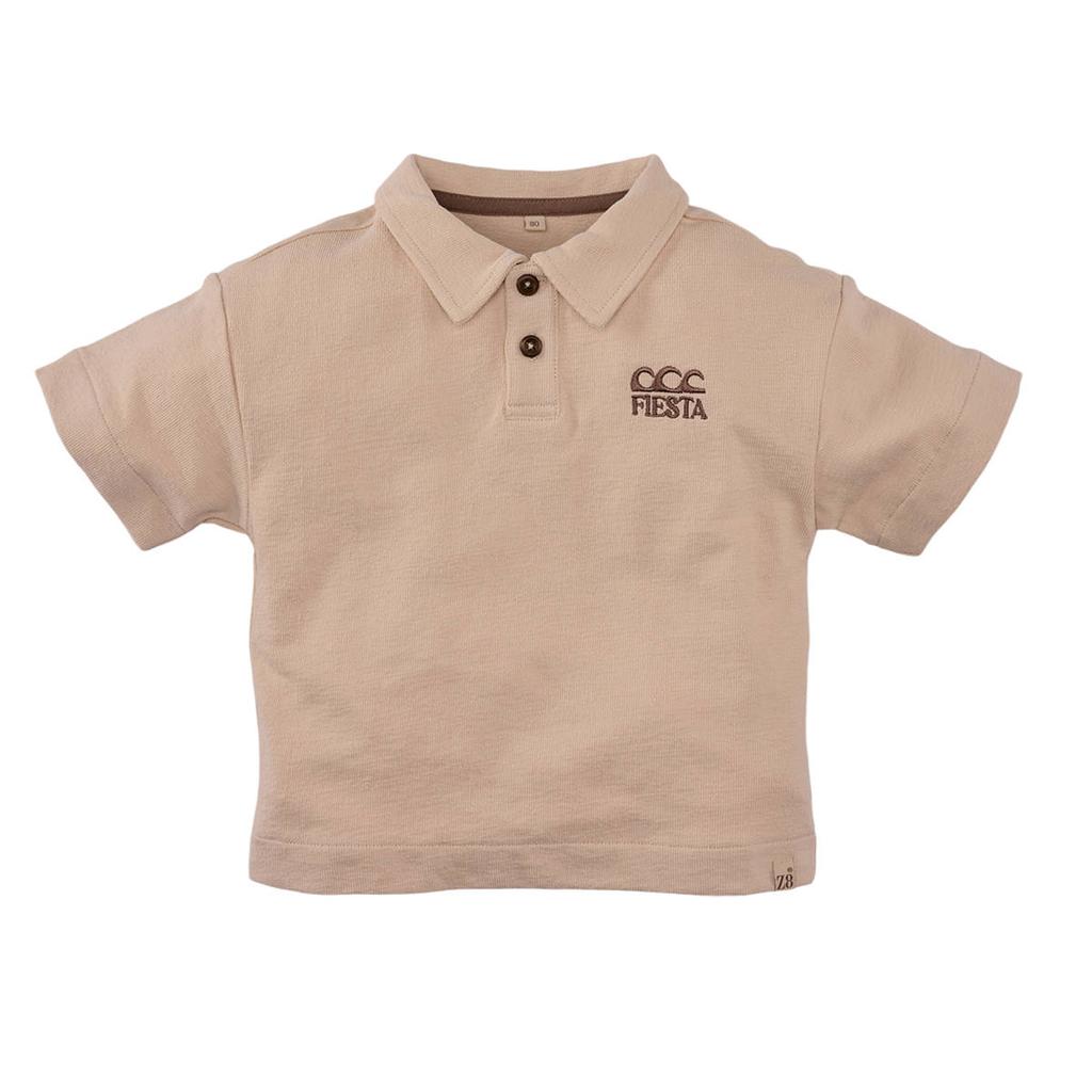 Beige jongens Z8 mini polo Quinten van katoen met tekst print, korte mouwen en knoopsluiting
