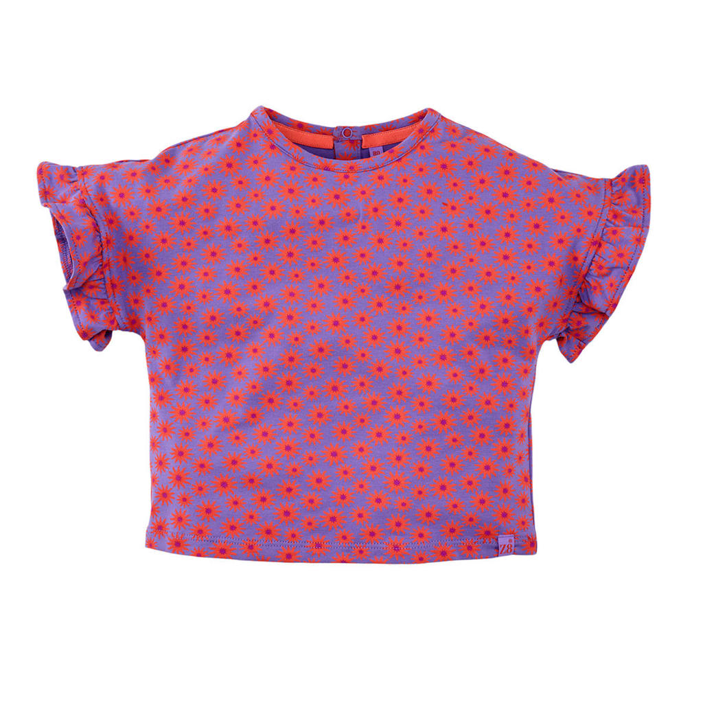 Paars en oranje meisjes Z8 mini T-shirt Nouk van stretchkatoen met korte mouwen, ronde hals, drukknoopsluiting en ruches