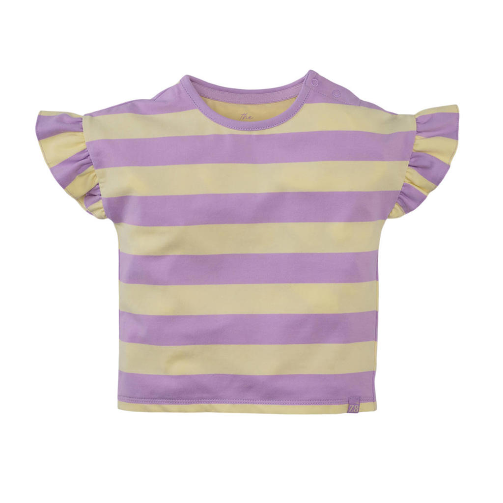 Lila en lichtgele meisjes Z8 mini T-shirt Maia van stretchkatoen met strepenprint, korte mouwen, ronde hals, drukknoopsluiting en ruches