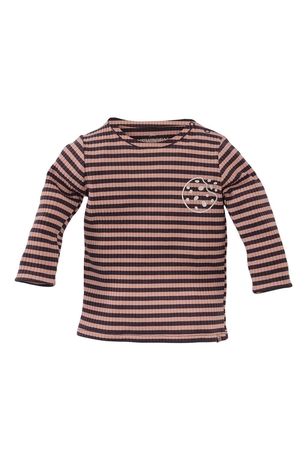 Donkerbruin en beige jongens Z8 newborn longsleeve Younes van stretchkatoen met strepenprint, lange mouwen, ronde hals en textuur