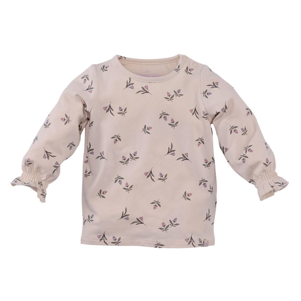 Beige en roze meisjes Z8 newborn longsleeve Tala van stretchkatoen met bloemenprint, lange mouwen, ronde hals, drukknoopsluiting en ruches