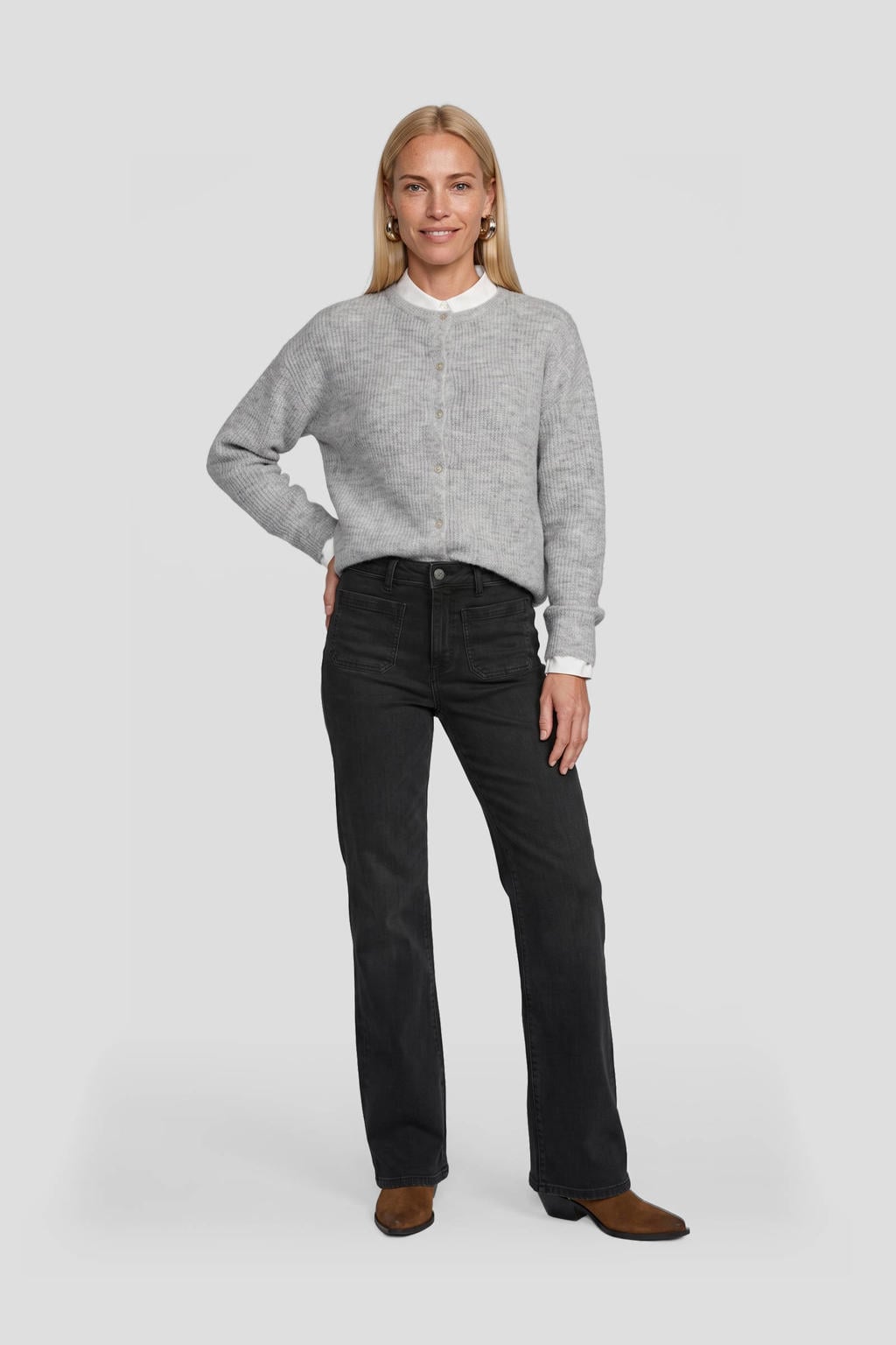 Black denim dames Ruby high waist flared jeans van denim met rits- en knoopsluiting en effen