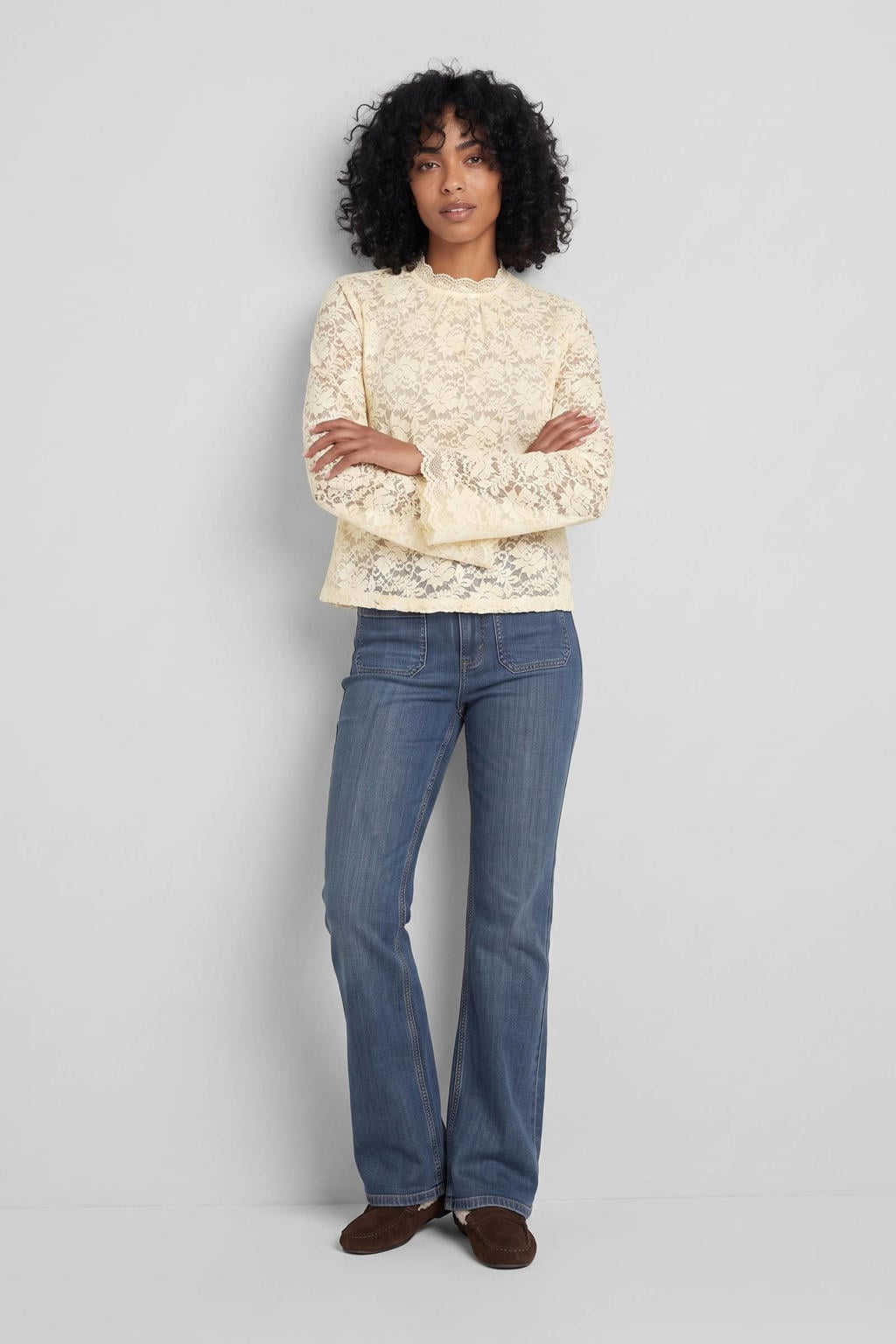 Dark blue denim dames Ruby high waist flared jeans dark blue van denim met rits- en knoopsluiting en effen