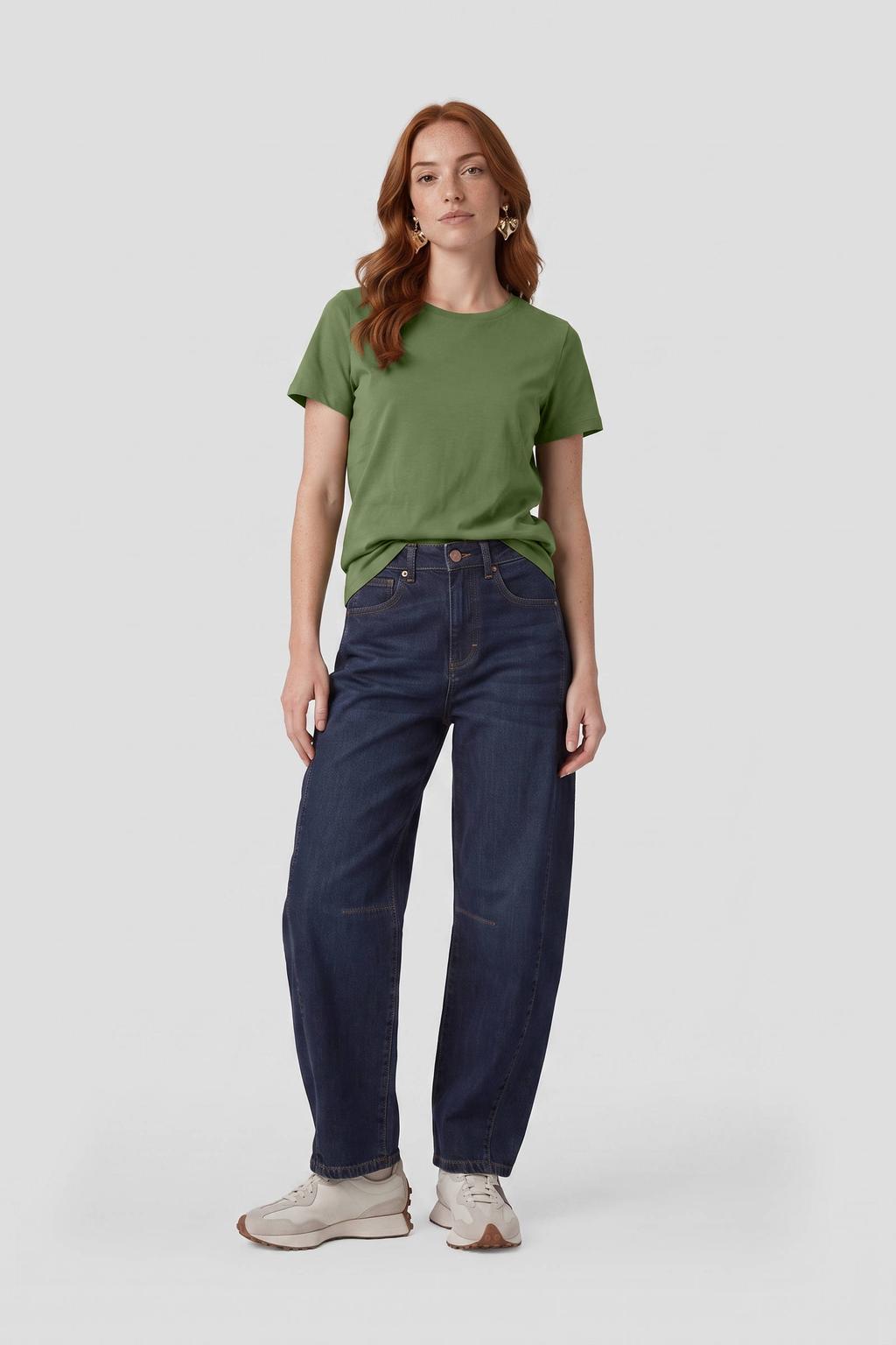 Olijfgroene dames Anytime T-shirt Kaki van katoen met effen, korte mouwen en ronde hals