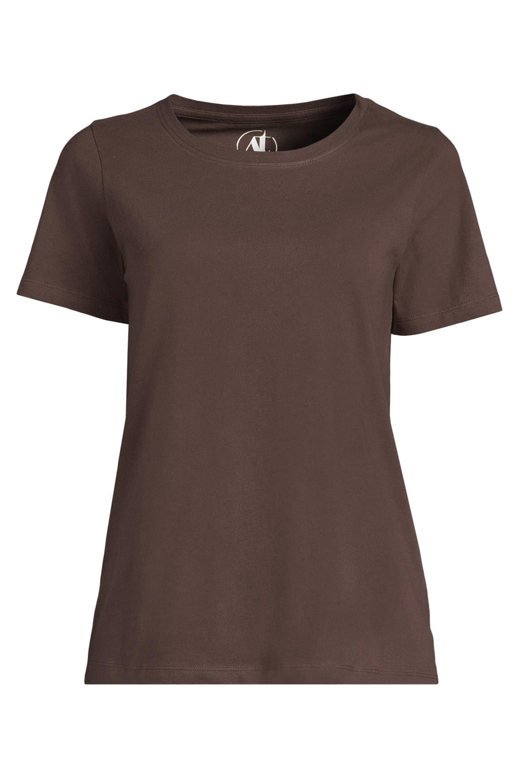 Bruine dames Anytime T-shirt van katoen met effen, korte mouwen en ronde hals