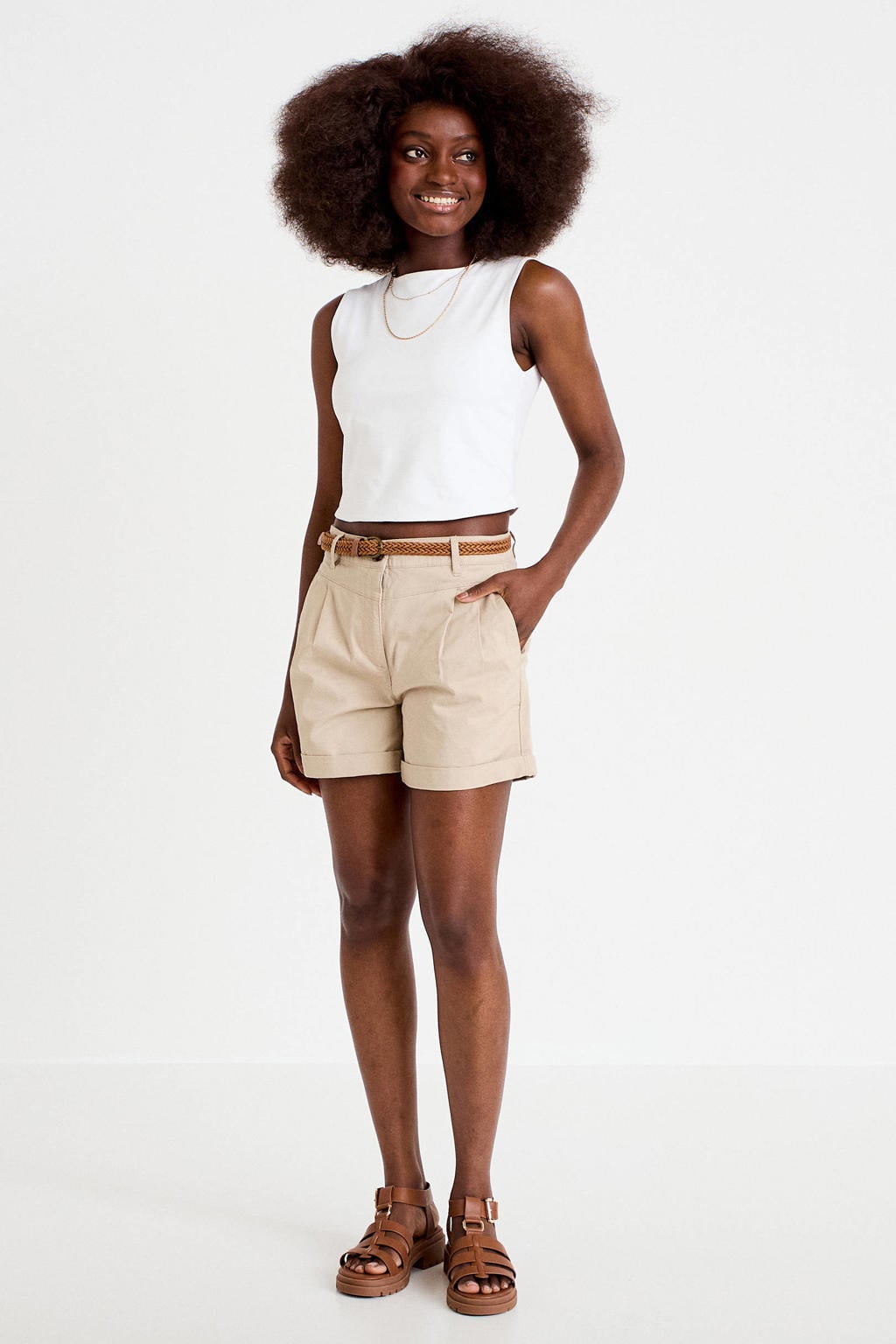 Beige dames Cache Cache casual short van katoen met regular fit, high waist, rits- en knoopsluiting en effen