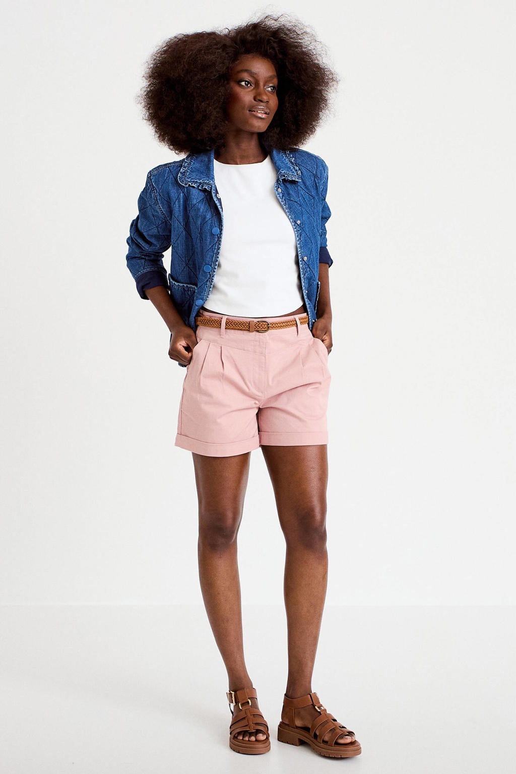 Lichtroze dames Cache Cache casual short van katoen met regular fit, high waist, rits- en knoopsluiting en effen