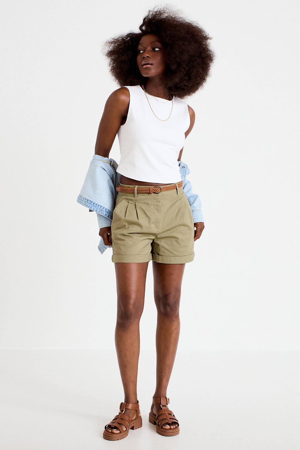 Kakikleurige dames Cache Cache casual short groen van katoen met regular fit, high waist en effen