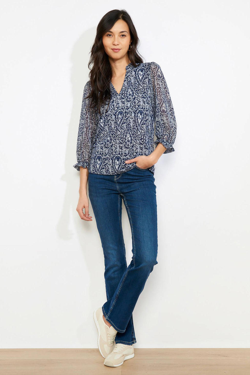 Blauwe dames LOLALIZA top print van polyester met paisley print, driekwart mouwen en ronde hals