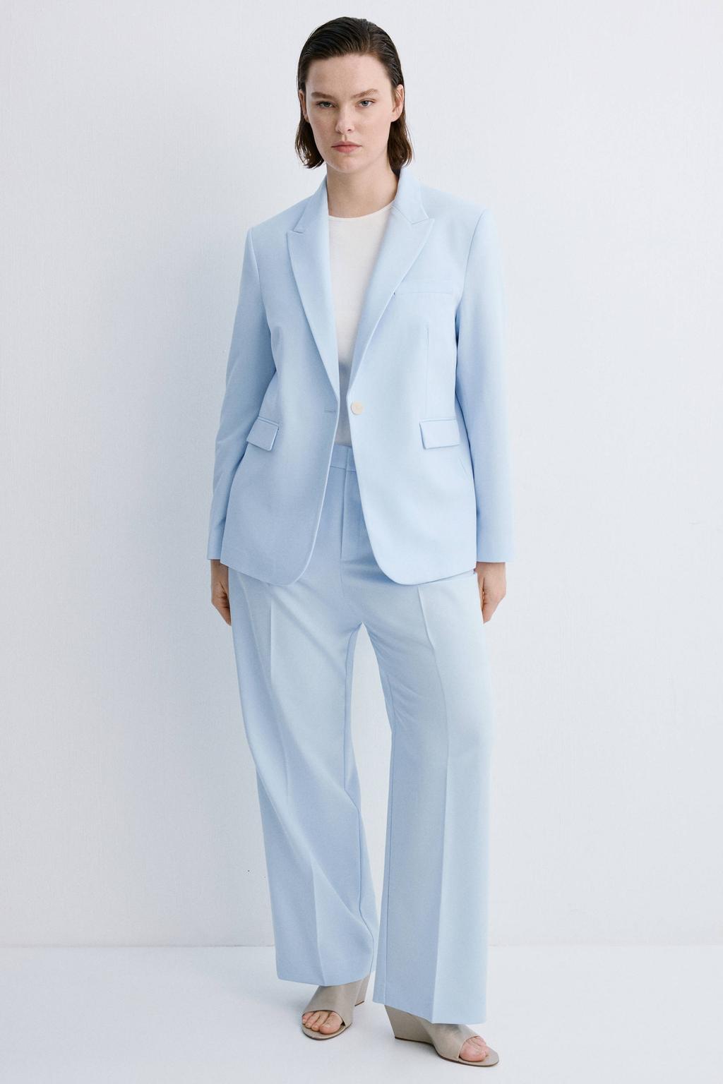 Lichtblauwe dames Mango regular blazer van polyester met effen, lange mouwen, reverskraag en knoopsluiting