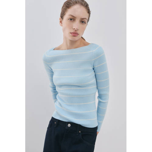 Mango gestreepte pullover lichtblauw rib gebreid afbeelding