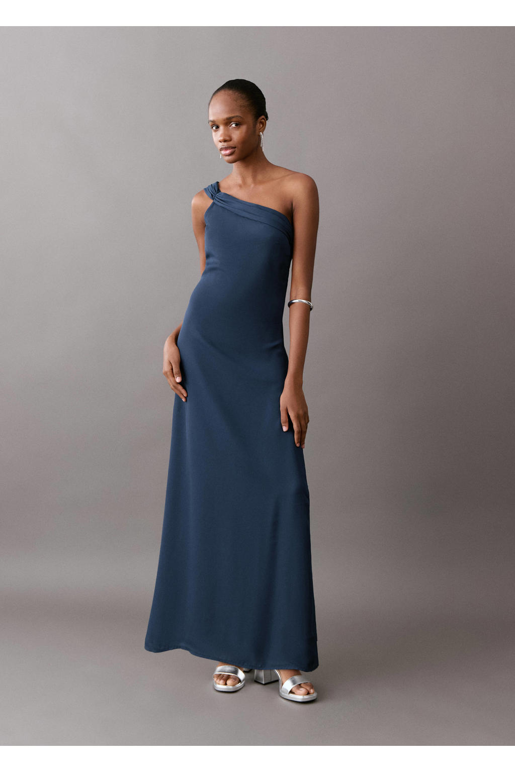 Donkerblauwe meisjes MANGO TEEN maxi jurk van polyester met effen en one shoulder