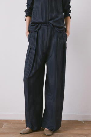 wide leg regular waist broek met krijtstreep marineblauw