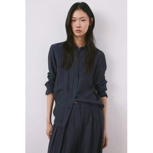 Mango wide leg regular waist broek met krijtstreep marineblauw afbeelding