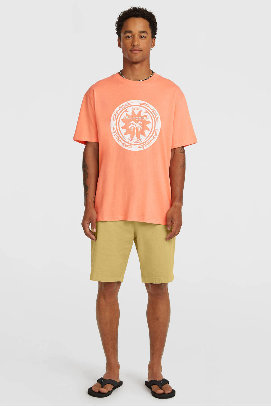 Oranje heren O'Neill T-shirt van katoen met effen, korte mouwen en ronde hals