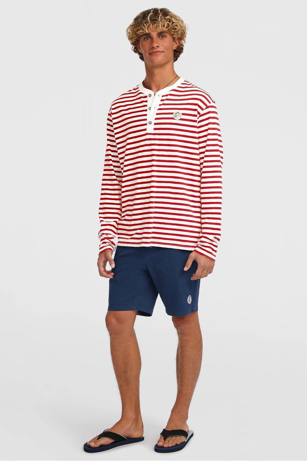 Rood en witte heren O'Neill T-shirt van katoen met strepenprint, lange mouwen, ronde hals en knoopsluiting