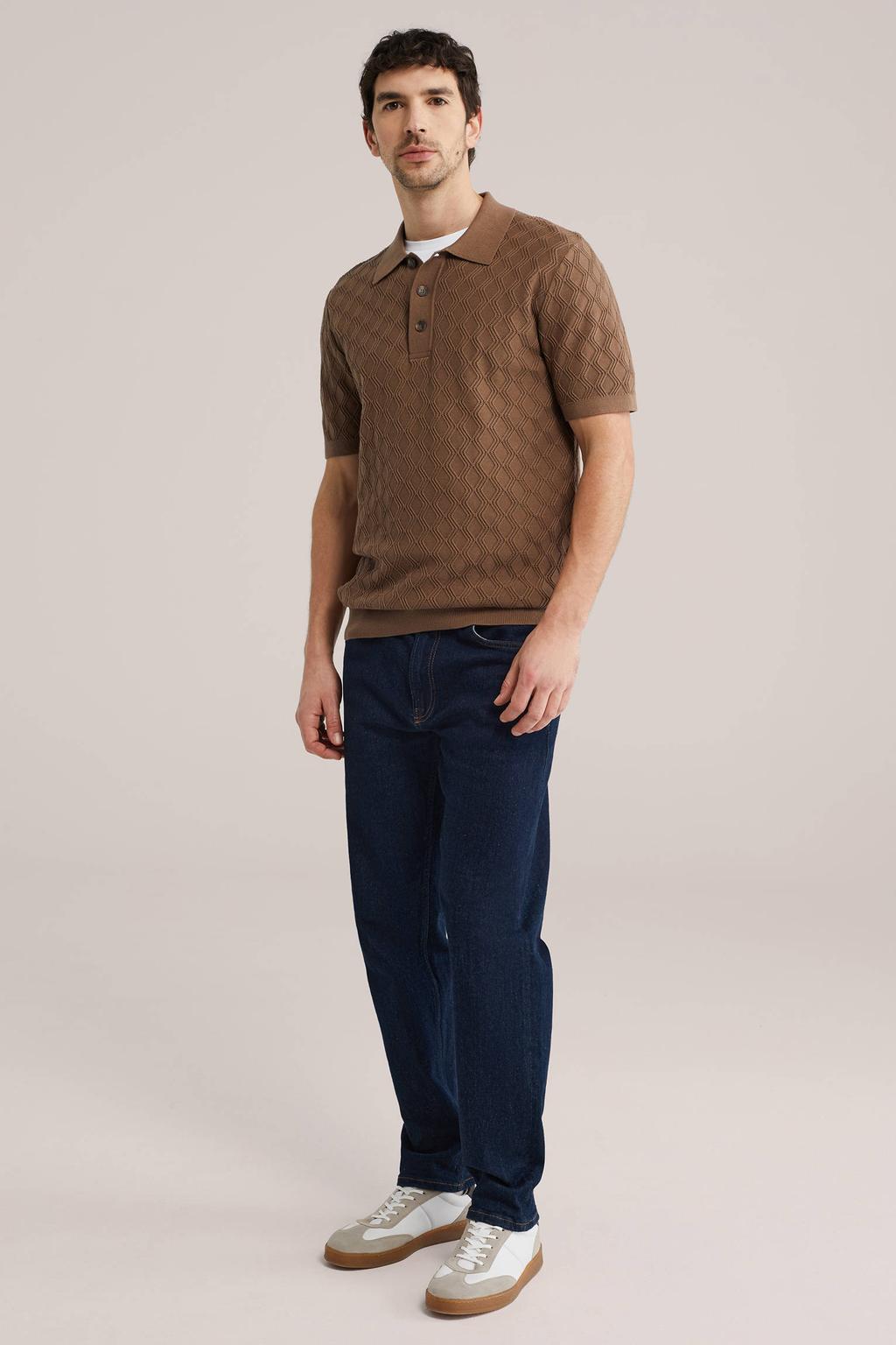 Bruine heren WE Fashion regular polo patroon met effen, korte mouwen, knoopsluiting en geribde boorden