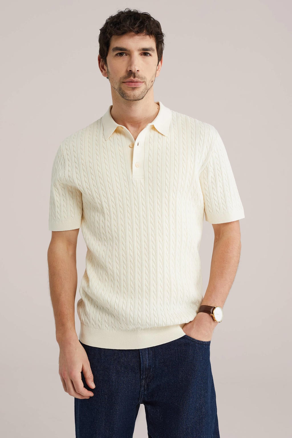 Ecru heren WE Fashion regular polo van katoen met effen, korte mouwen, knoopsluiting en gebreide details