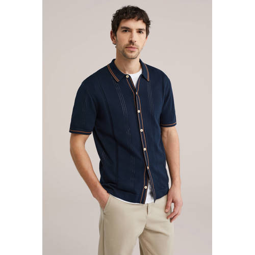 WE Fashion regular casual overhemd met ingebreid patroon donkerblauw afbeelding