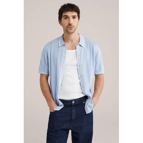 WE Fashion regular casual overhemd met ingebreid patroon lichtblauw afbeelding