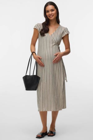 gestreepte zwangerschaps- en voedings maxi jurk beige