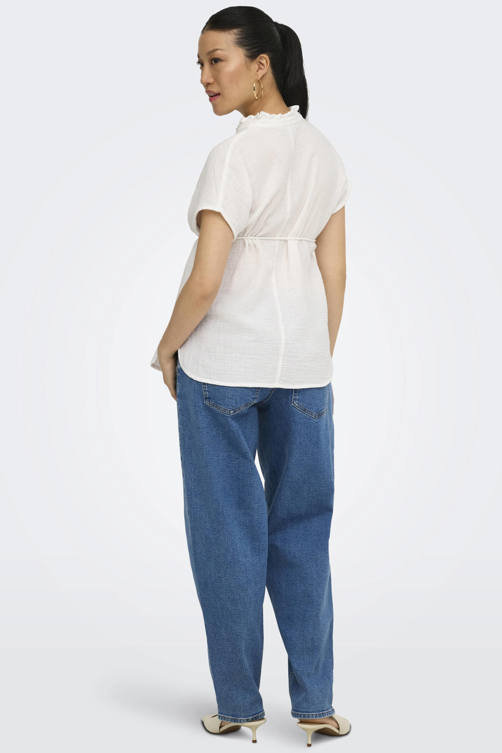 Ecru dames ONLY MATERNITY zwangerschaps blousetop van katoen met effen, korte mouwen, V-hals en geweven detail