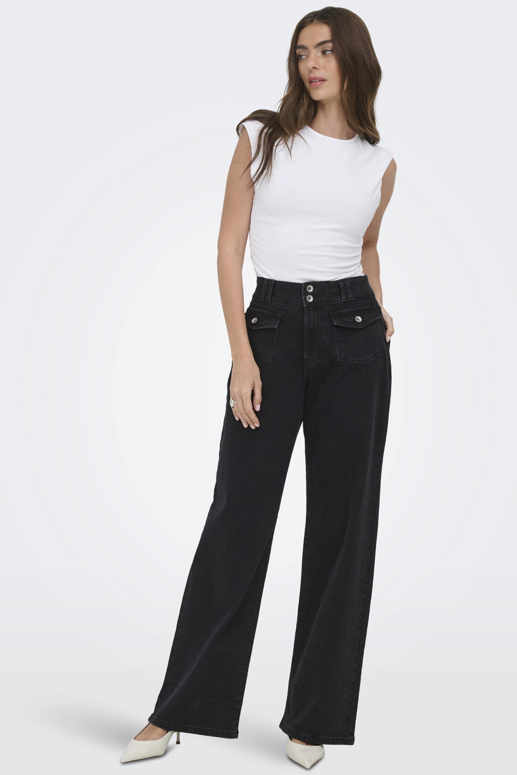 Zwarte dames ONLY Onlhope Hw Wide Db Poc Dnm Box wide leg jeans met rits- en knoopsluiting en effen