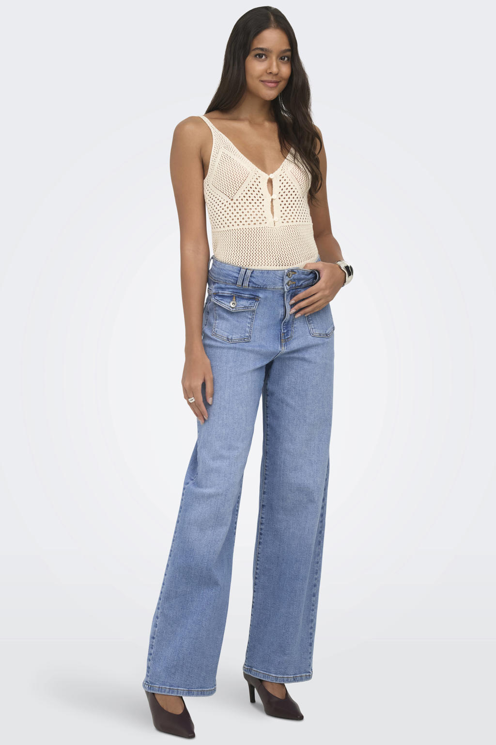 Medium blue denim dames ONLY Onlhope Hw Wide Db Poc Dnm Box wide leg jeans met rits- en knoopsluiting en effen