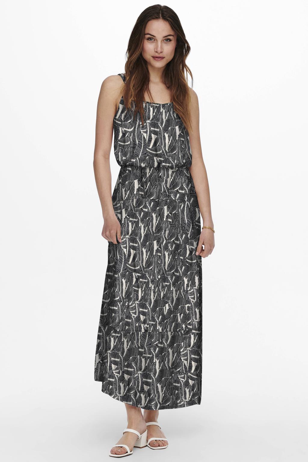 Zwart en witte dames ONLY maxi jurk van viscose met dierenprint, spaghettibandjes, ronde hals en verstelbare bandjes