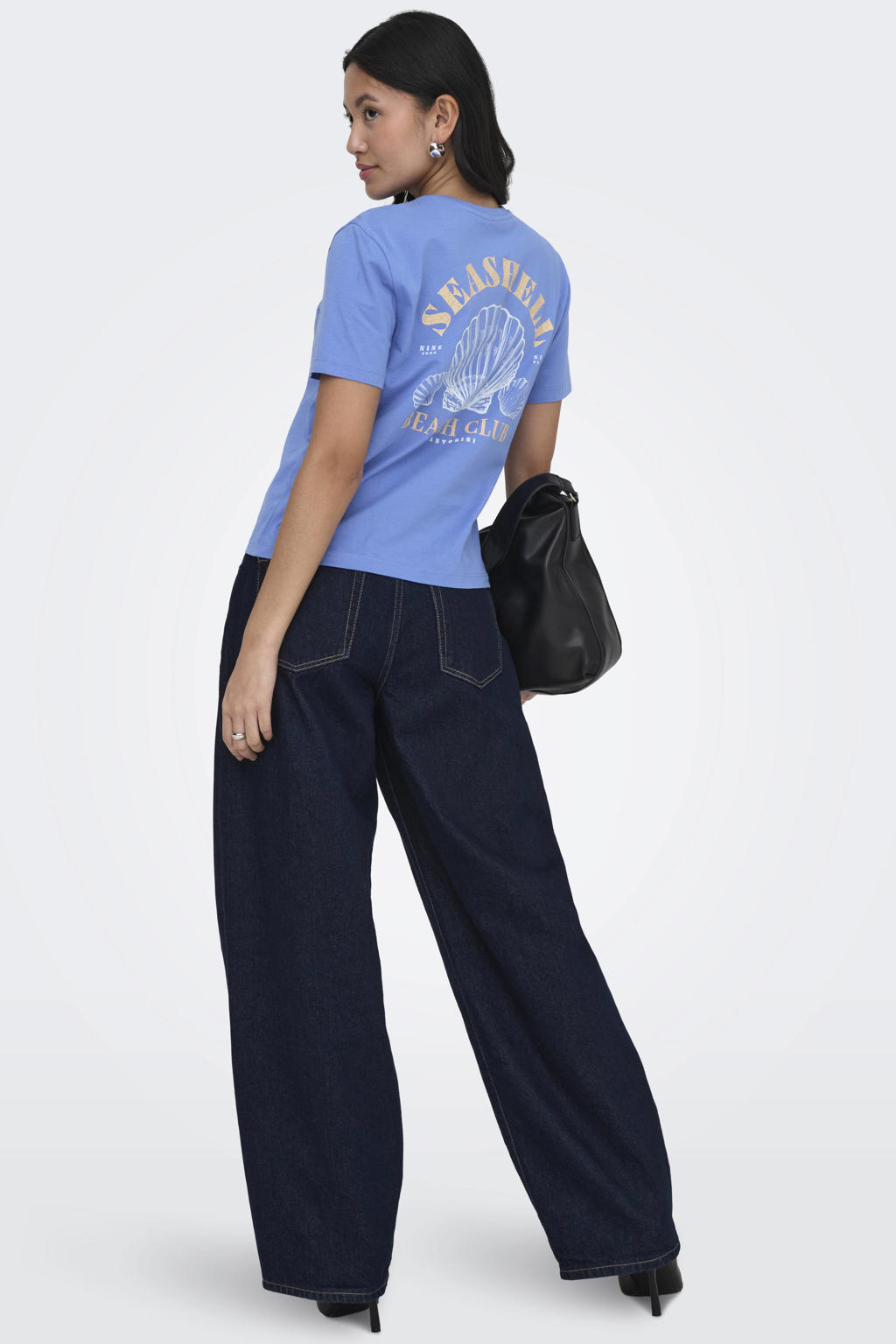 Blauw, geel en ecru dames ONLY T-shirt van katoen met backprint, korte mouwen, ronde hals en gebreide details