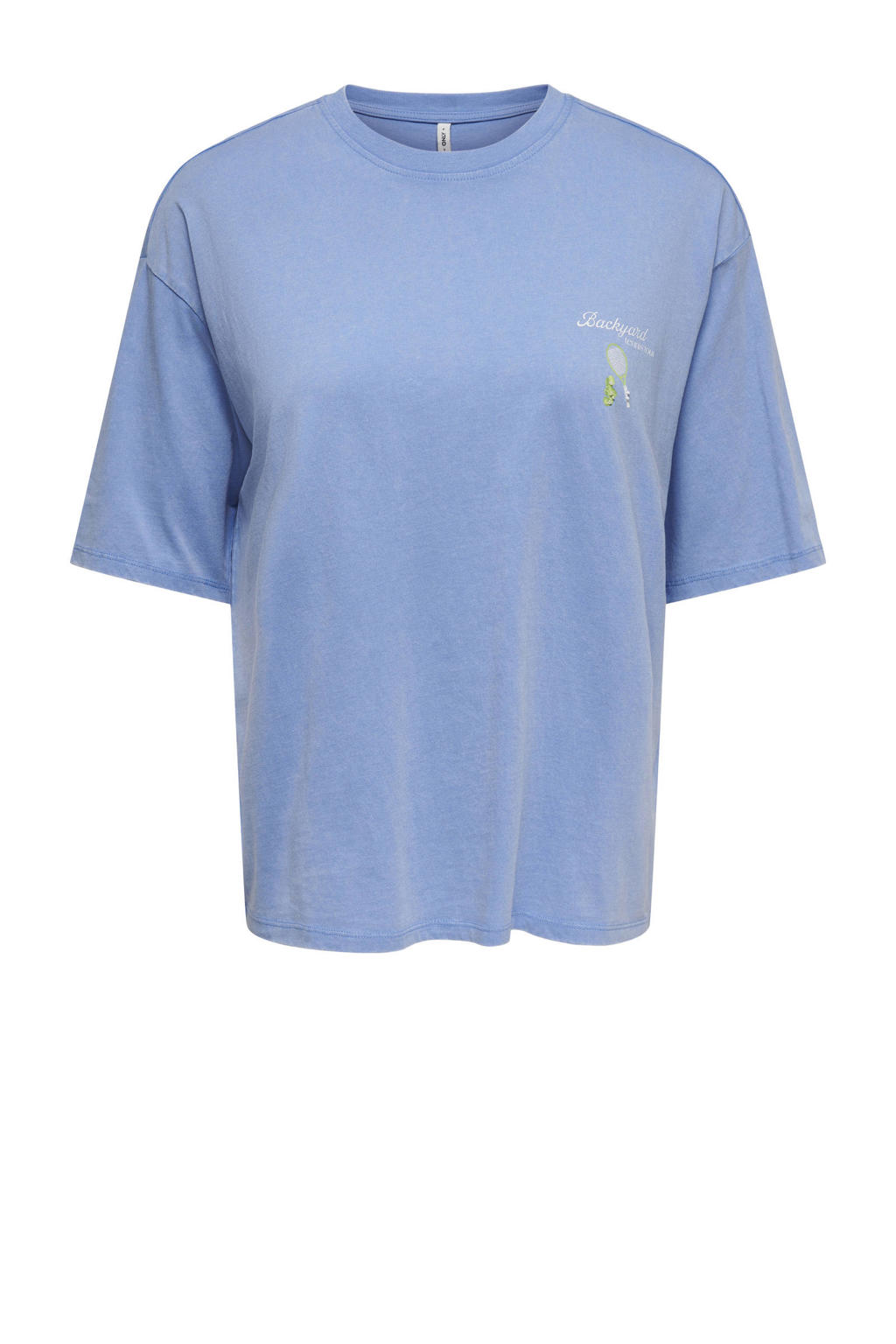 Blauw, ecru en groene dames ONLY T-shirt van katoen met backprint, korte mouwen en ronde hals