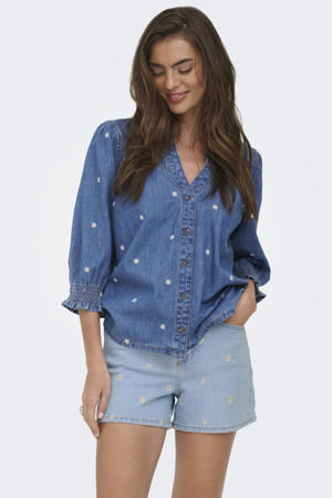 gebloemde top medium blue denim
