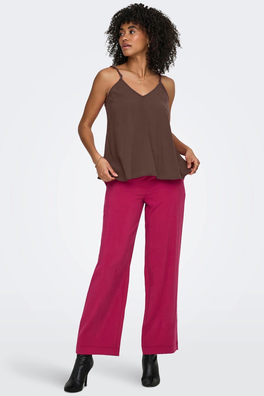 Bruine dames ONLY top van viscose met effen, V-hals en geweven detail
