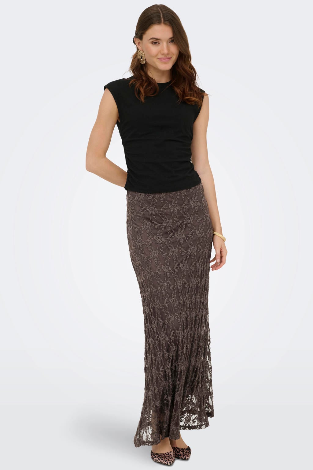 Bruine dames ONLY maxi rok gemaakt van polyamide en met elastische tailleband
